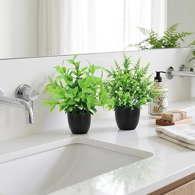 CEWOR Fake Plants 2 Pack Mini Potted Plants Bathroom Accessories Small Artificial Greenery Decorations for Bathroom Office Home Room Kitchen Table Indoor