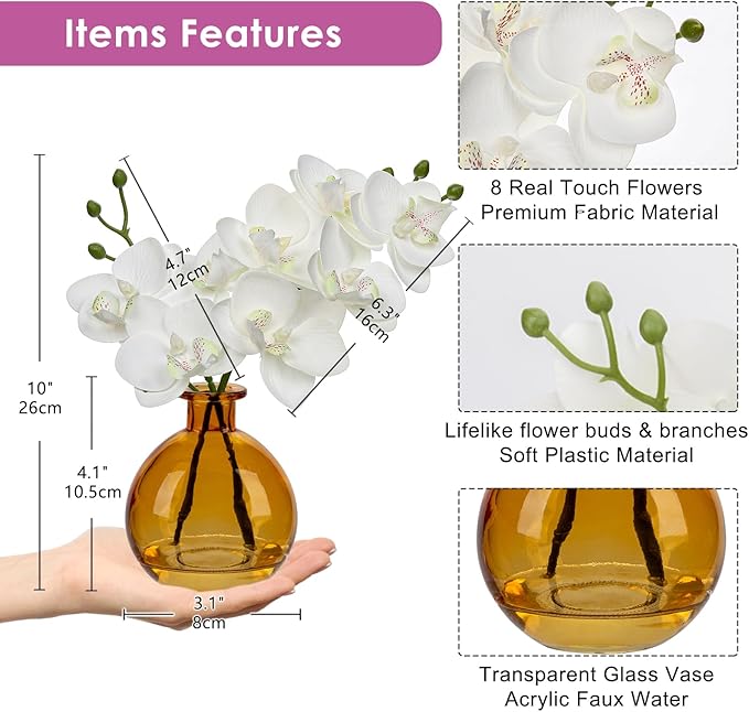 White Orchids Artificial Flowers Faux Orchid Arrangement with Amber Glass Vase Set of 2 Real Touch Phalaenopsis Orchid Flowers Orchid Centerpiece for Dining Room Table