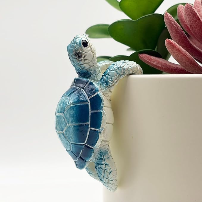 Cute Climbing Blue Sea Turtle Flower Pot Hugger Figurines, Small Resin Hanging Tortoise Statue Planter Pot Decoration for Home Garden Fence Balcony Patio Lawn Yard Ornaments