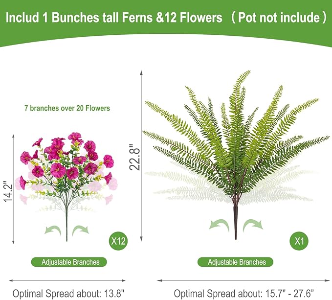 Hrobek Artificial Flowers for Outdoors Faux Plants Outside Indoor,UV Resistant Silk Fake Petunia Ferns for Home Patio Garden Back Yard Front Porch Decor(13 Bunches,Light Purple)