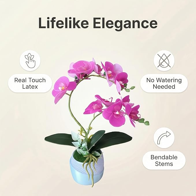 Artificial Orchid with 3D Printed Vase, Lifelike Fake Phalaenopsis Orchid Flowers, Realistic Silk Orchids for Home Decor Living Room, Deep Purple