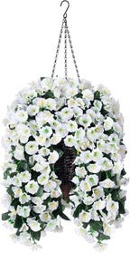 Artificial Fake Flowers Plants Hanging Baskets for Outdoor Outside Decor, Faux Silk Hanging White Morning Glory Trailing Vines UV Resistant for Porch Patio Home Decoration