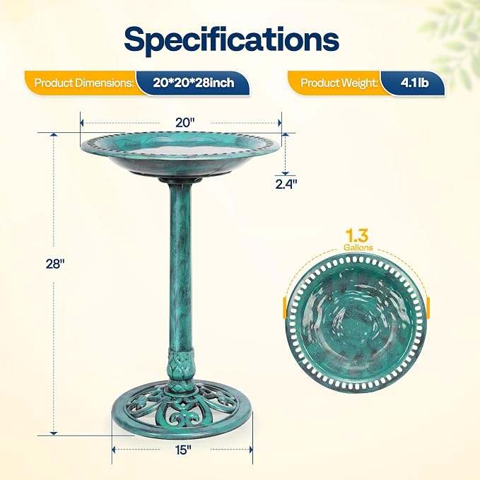 VIVOHOME Bird Bath for Outside, Polyresin Pedestal Bird Baths for Outdoor, Garden, 28 Inch Height Weather-Resistant Birdbaths with 20" Bowl, Green