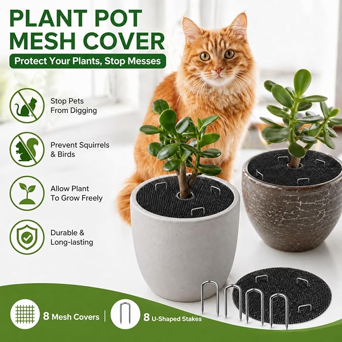 Plant Guards From Cats 8 Pack 11.8 Inch Cuttable Plant Pot Grids with 8 U Pins, Soil Covers to Stop Cat Digging, Keep Indoor Pots Clean, Round Planter Protectors for Homes with Kids and Pets