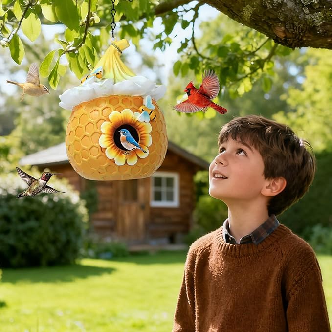 Bird Houses for Outside Yellow Cottage Resin Birdhouse, Garden Outdoor Decor Bird House with Flower and Bees, Birdhouses for Outdoors for Bluebird Finches Cardinals