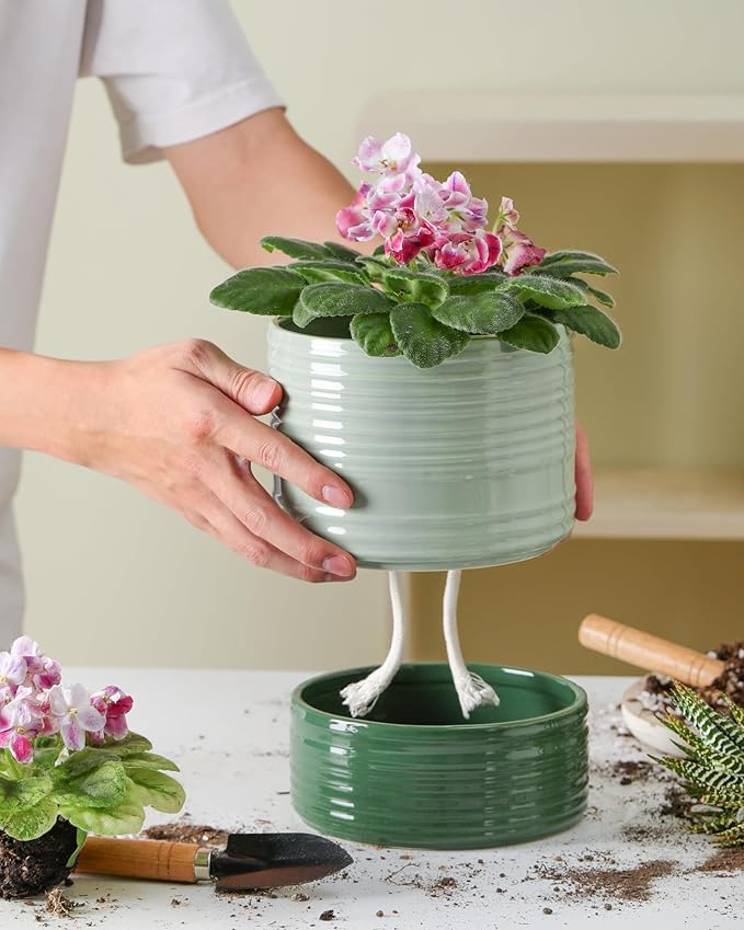 Fayoula Self Watering Pots for Indoor Plants, 6 Inch Ceramic Self Watering Plant Pot, Planter Pot with Wick Rope and Drainage Hole for African Violet Succulent Herbs (Green Light)