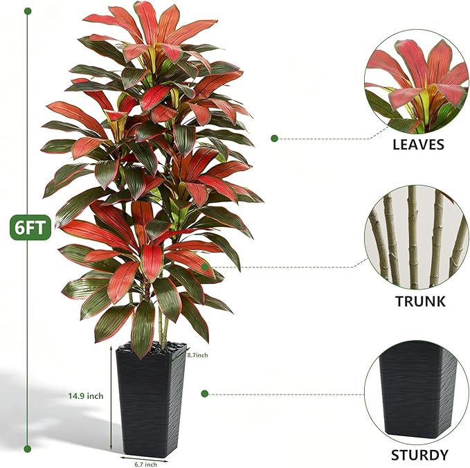 Artificial Red Dracaena Tree - 6FT Tall Fake Plants with Black Square Planter - Artificial Plants Indoor Floor Plant in Pot - Large Tropical Fake Yucca Potted Tree for Home Office Living Room Decor