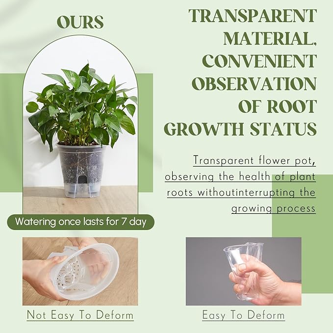Wonderjune Self Watering Pots for Indoor Plants with Deep Reservoir and High Drainage Holes for Outdoor Plants and Flowers, Bare Root Planter(4.72'', 5.91'', 7.09'',Clear,12 Pcs)