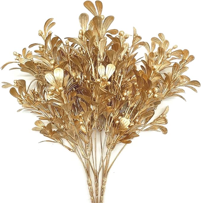 PASYOU Artificial Gold Plants Decor, Fake Simulation Flower Leaves for Christmas Wedding Indoor Outdoor Home Balcony Patio Planter Filler DIY Decoration Golden Berry Plant Bundles - 3 Pack