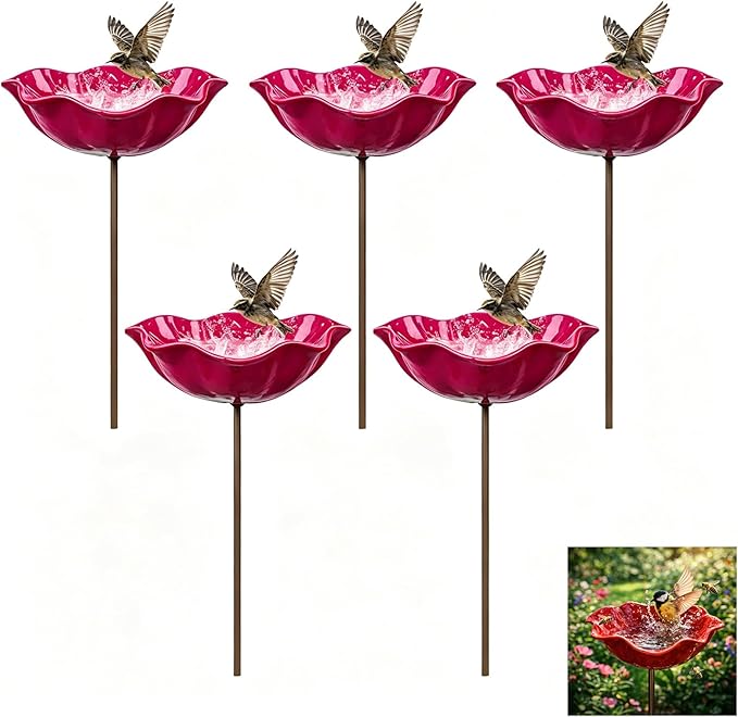 Handmade Metal Flower Garden Stake Bird Bath, Hummingbird Feeder, Bee & Butterfly Puddler, Mini Pollinator Watering Station for Garden Patio Lawn Yard Decor, Rose red, 5PCS