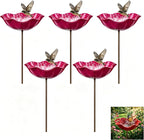 Handmade Metal Flower Garden Stake Bird Bath, Hummingbird Feeder, Bee & Butterfly Puddler, Mini Pollinator Watering Station for Garden Patio Lawn Yard Decor, Rose red, 5PCS