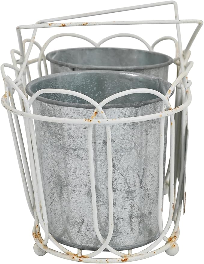 Vintage 2-Piece Metal Planter Set, Distressed White Iron Wire Basket with Flowers Garden Sign, Rustic Farmhouse Plant Pots for Tabletop, Window Sill & Balcony Decor