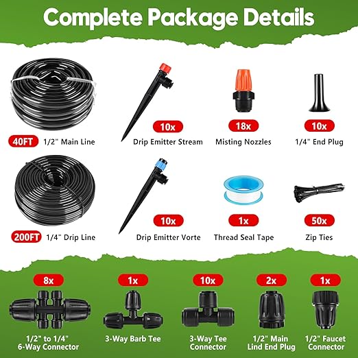 240FT Drip Irrigation System for Garden, 2026 Upgraded Quick-Connect Automatic Garden Watering System with 1/2" & 1/4" Tubing and Adjustable Nozzle Emitters for Greenhouse, Yard, Lawn, Raised Bed
