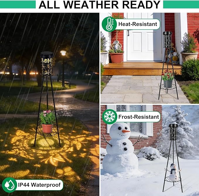 Solar Floor Lamps Outdoor RGB Butterfly Projection Metal Cordless Floor Lamp with Plant Stand,42.48 Inch Waterproof Decorative Garden,Patio,Porch,Yard,Path,Black,2 Pack