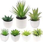 7 Pack Small Fake Plants Artificial Succulent Plants in White Pots Artificial Greenery for Room Home Bathroom Bedroom Office Modern Decor