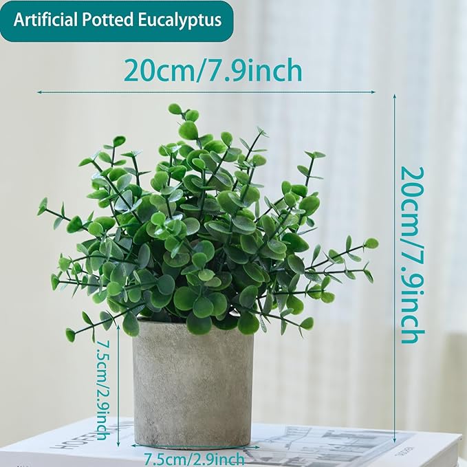 3 Pack Fake Plants Artificial Potted Eucalyptus 7.9 inch Lifelike Small Faux Topiaries Perfect for Home Office Desk,Shelf Decor (Dark Green)