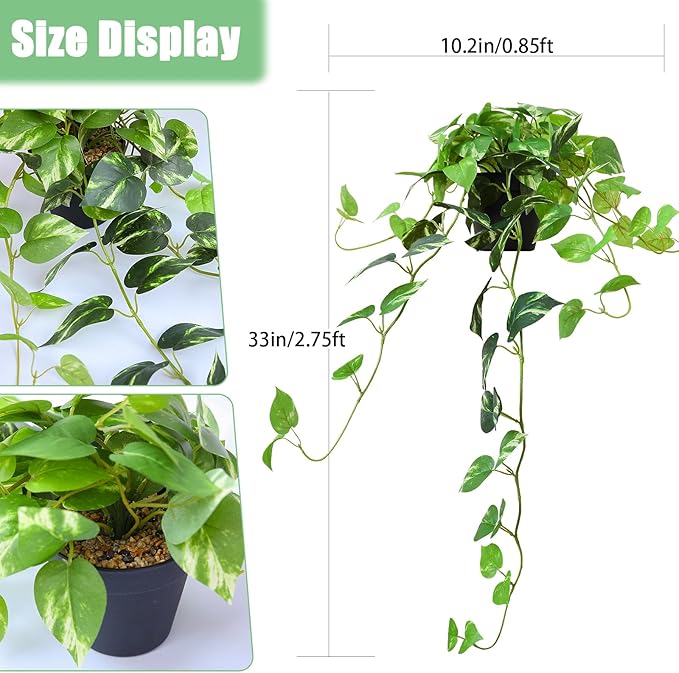 Fake Pothos Hanging Plants, 33" Potted Artificial Hanging Plant, Faux Pothos Silk Vines Hanging Plant Greenery for Home Living Room Indoor Decor