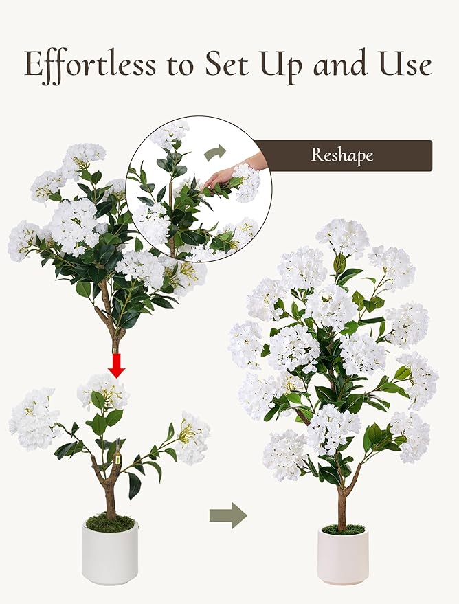 Artificial Flower Tree for Porch: 3.6ft Fake Crape Myrtle Trees Set of 2 for Outdoor Front Door Indoor Decor - White Realistic Silk Plant with Pot for Home Living Room Patio Decorations