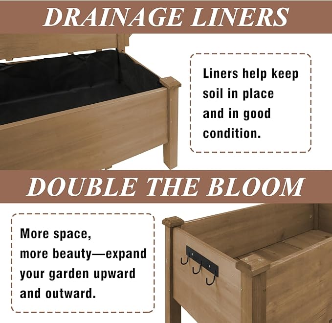 ketive 2-Tier Raised Garden Bed with Legs Outdoor Elevated Garden Box,Storage Shelf,Protective Liner for Backyard,Patio,Balcony,55x42x30in (Brown)