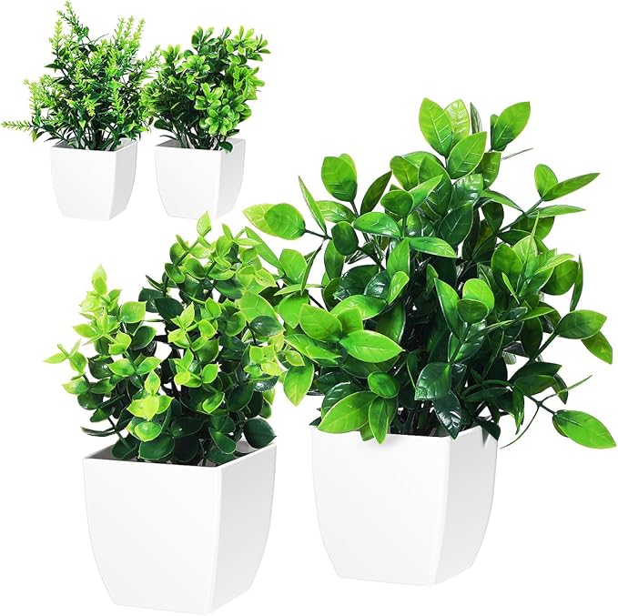 Totority Faux Potted Plants Set of 4 Realistic Artificial Greenery Table Centerpieces for Home Office Decor Indoor Low Maintenance Plant Decorations 7.48X5.90X1.96 Inch