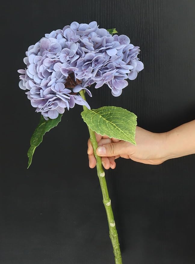 Buart 3PCS Long Stem Big Size Flowers Artificial Silk Hydrangea Lifelike Flowers Real Touch Purple Artificial Flowers Wedding Shower Bride Bouquets Office Living Room Table Decorations (21 Inch)