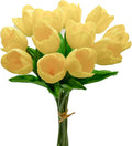 Mandy's Yellow Partially Open Artificial Tulips Flowers Centerpiece, 13.5" Lifelike PU Fake Floral Stems 12pcs for Kitchen Island & Dining Table, Spring Decor for Easter