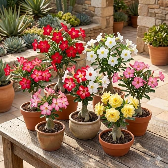 3 Rare Mixed Desert Rose Plants Live, Adenium Desert Rose Random Varieties, Starter 4-7'' Tall, Tropical Flowering Succulent, Indoor Outdoor Spring Planting