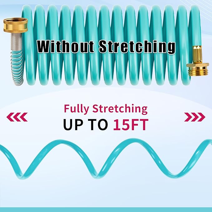 AUTOMAN Recoil Garden Water Hose 15 ft, EVA Curly Water Hose with Brass Connectors,Garden Hose Coil,Includes 7-Pattern Function Sprayer,Retractable,Corrosion Resistant Garden Coil Hose.