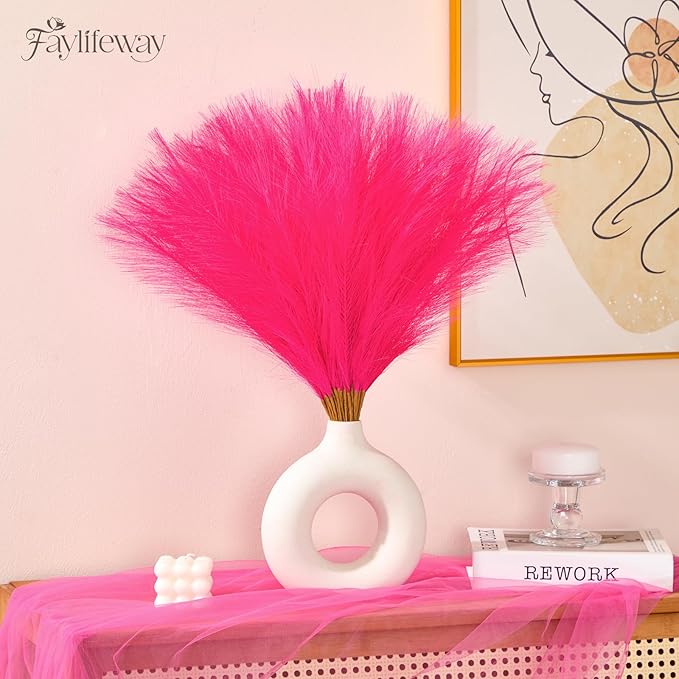 50 PCS Hot Pink Pampas Grass, 17in Pampas Grass Decor, Artificial Pompas Wall Decor for Vase Room Bedroom Kitchen Table Wedding Party Birthday Baby Showers（Hot Pink）