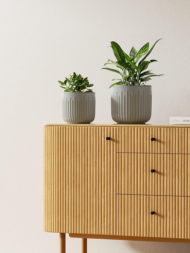 LE TAUCI Ceramic Pots for Plants, 8.3/7/6 Inch Indoor Planters with Drainage Holes & Mesh, Modern Glossy Glaze Cylinder Fluted Plant Pot for Snake Plant, Set of 3, Mist Gray
