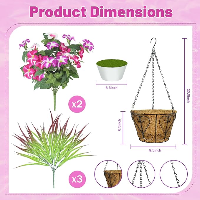 Artificial Flowers Hanging Baskets for Outdoors, 5PCS UV Resistant Faux Outdoor Plants, Fake Petunias Silk Flowers for Garden Balcony Yard Porch Decor (White Red Lotus)