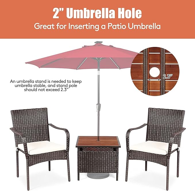 HAPPYGRILL 3-Piece Patio Bistro Set with Coffee Table & Umbrella Hole, Rattan Wicker Chairs Set with Umbrella Stand Table, Soft Cushions, Outdoor Furniture Set for Balcony Porch Poolside Garden