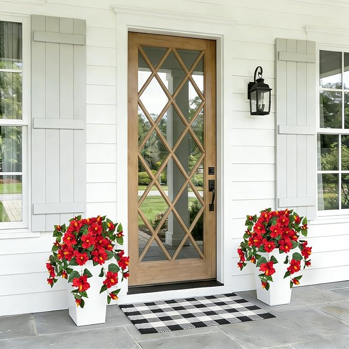 Briful 27.5" Artificial Hibiscus Plant in Tall White Planter, Large Faux Tropical Flower Arrangement for Front Door Porch Patio Balcony Outdoor Indoor Decoration, UV Resistant Fake Red Hibiscus Tree