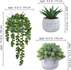 Winlyn 3 Pcs Assorted Small Potted Succulent Plants Artificial Aloe Hops String of Pearls Succulents in Gray Geometric Concrete Pots for Gifts Table Shelf Windowsill Indoor Outdoor Greenery Decor