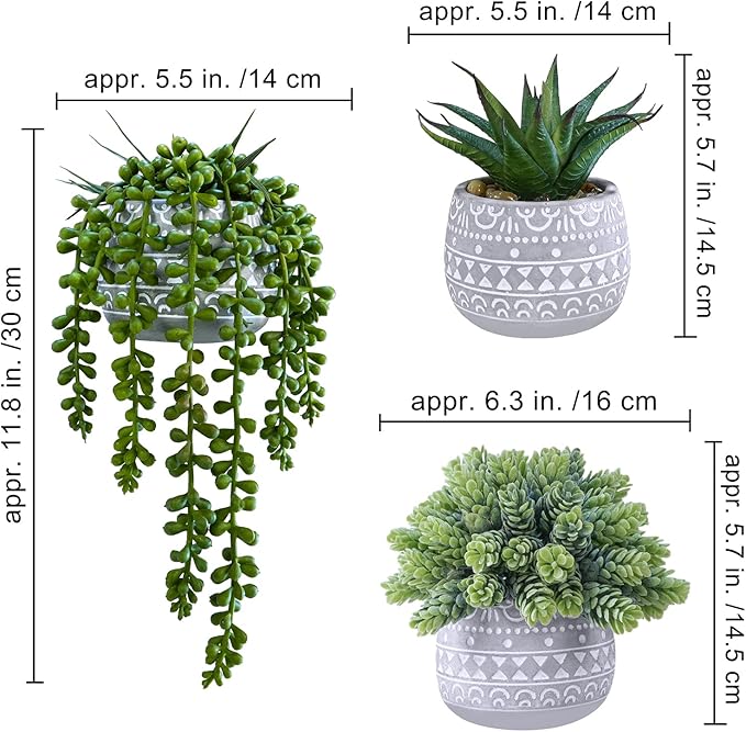 Winlyn 3 Pcs Assorted Small Potted Succulent Plants Artificial Aloe Hops String of Pearls Succulents in Gray Geometric Concrete Pots for Gifts Table Shelf Windowsill Indoor Outdoor Greenery Decor