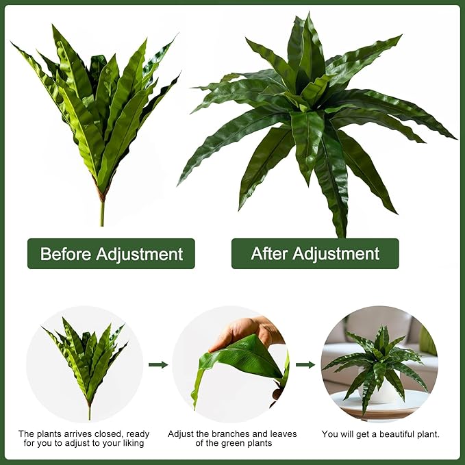 4 Pcs Artificial Greenery Stems Fake Bird Nest Fern Faux Branches Artificial Plants Realistic Fake Dracaena Realistic Plants for Indoor Outdoor Porch Patio Home Office Living Room Decor (Dark Green)
