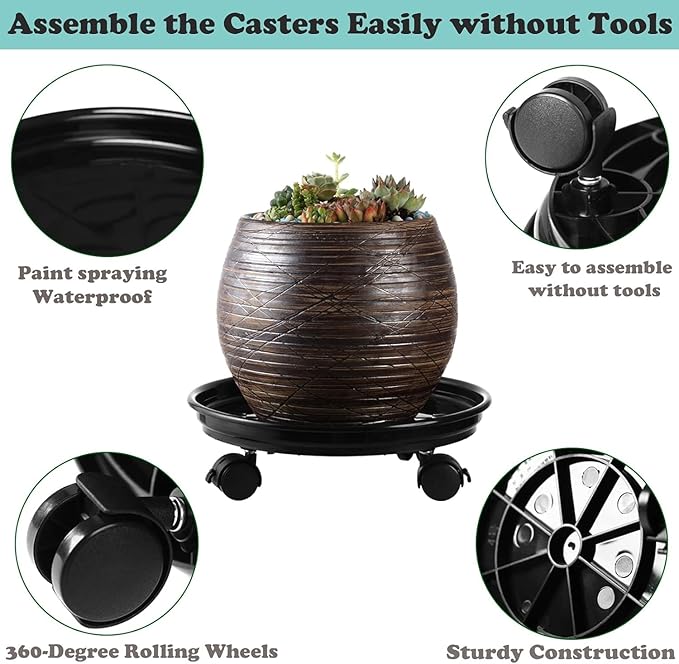12 Packs Plant Caddy with Wheels 11.8" Plastic Rolling Plant Dolly Coasters Heavy-duty Wheeled Planter Mover Rollers Indoor Outdoor Wheeled Flower Pot Base Suacers with Casters, Black