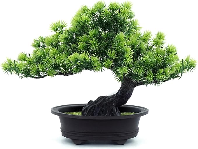 Artificial Bonsai Tree Fake Plants for Home Decor, Living Room Bathroom Bookshelf Entryway Table Wall Shelf Modern Farmhouse Decor, 9.5" Tall, Green