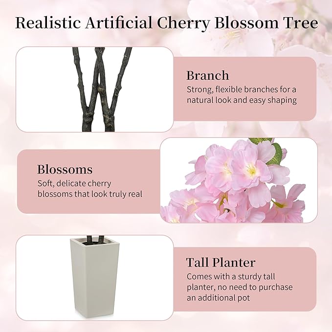BLOSMON Cherry Blossom Tree for Porch: 5ft Pink Fake Flowers Artificial Tree with Tall Planter for Outdoor Decorations - Faux Sakura Plants for Indoor Home Living Room