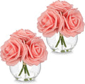 Hollyone 2Pcs Pink Roses Artificial Flowers in Vase Small Silk Fake Rose Bouquet Flowers Floral Arrangements with Glass Vase with Faux Water for Home Bathroom Office Table Centerpiece Decorations