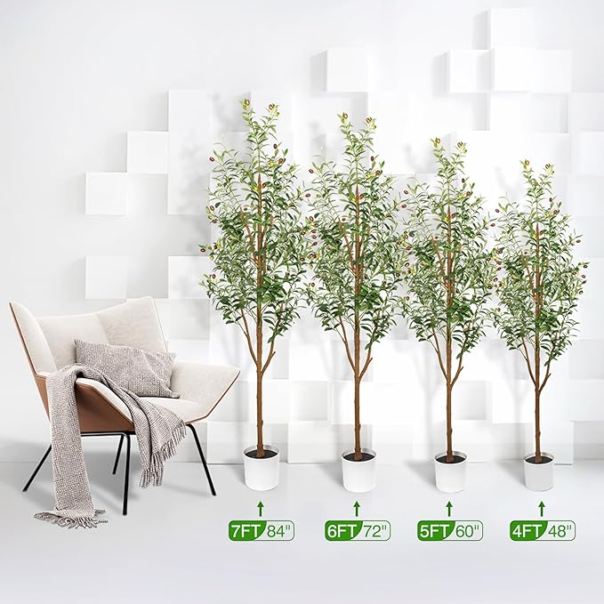 7FT Artificial Olive Tree - Indoor Tall Faux Olive Trees with Planter&Basket, Large Fake Olive Silk Tree Realistic Olive Plants with Branches and Fruits for Home Decor Office Living Room