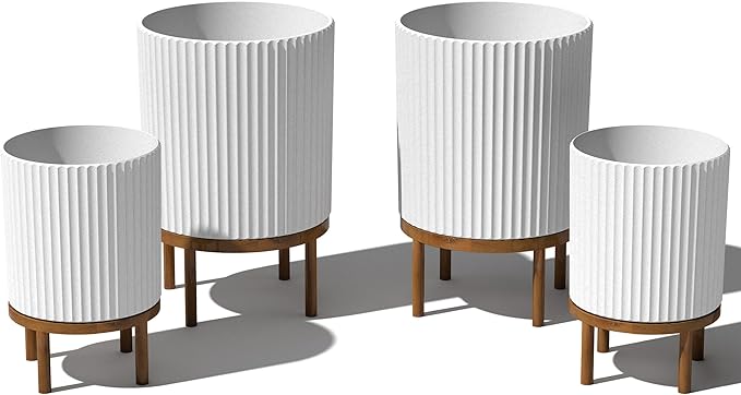 Veradek Demi Series Round Planter w/Stand for Porch/Patio | Durable Plastic-Stone Composite & Wooden Stand | Modern Décor for Tall Plants, Flowers