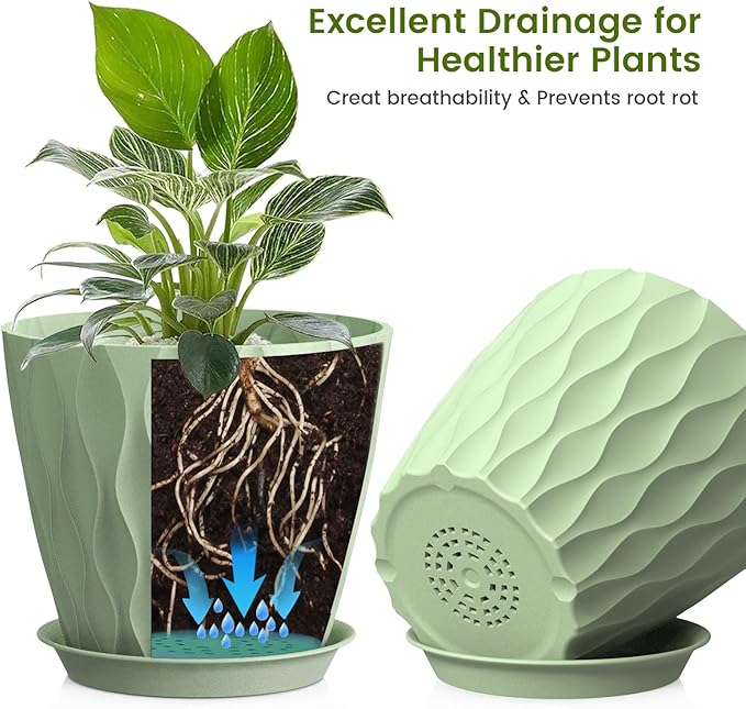 UOUZ 8 Inch Plant Pots, 4 Pack Plastic Planters for Indoor Outdoor with Drainage Holes & Saucers, Waffle Texture Flower Pots for Indoor Plants, Indoor Plant Pots for Monstera, Fiddle Leaf Fig, Green