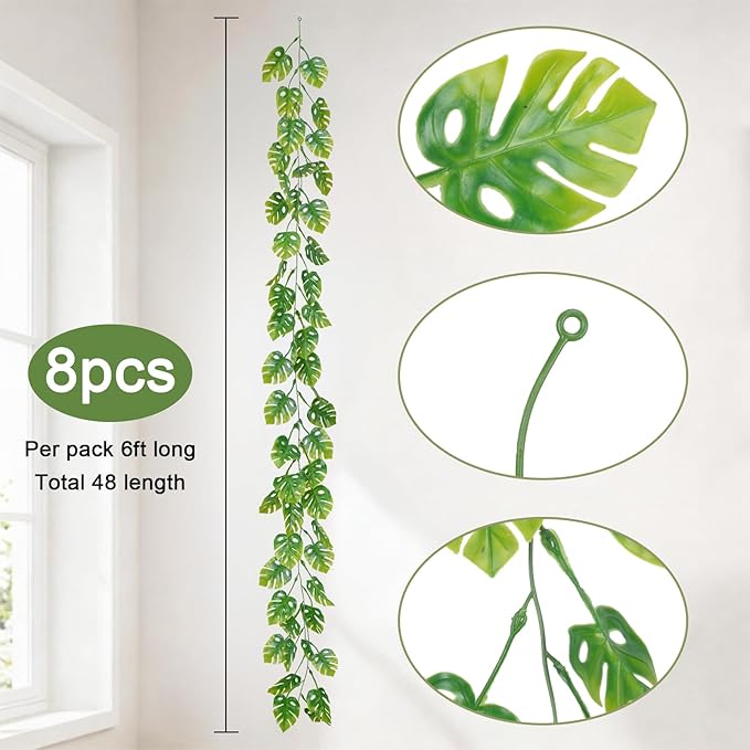 8Pcs Artificial Tropical Leaves Garland, 5.9FT Fake Monstera Leaves Vines Hanging Plant Ivy Faux Palm Leaf Greenery Garland for Garden Porch Patio Jungle Beach Birthday Party Indoor Outdoor