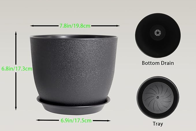 8 Inch Plant Pots Set of 4, Plastic Planters with Drainage Holes and Tray, Flower Pots for Indoor Outdoor Plants and Flowers (Black)