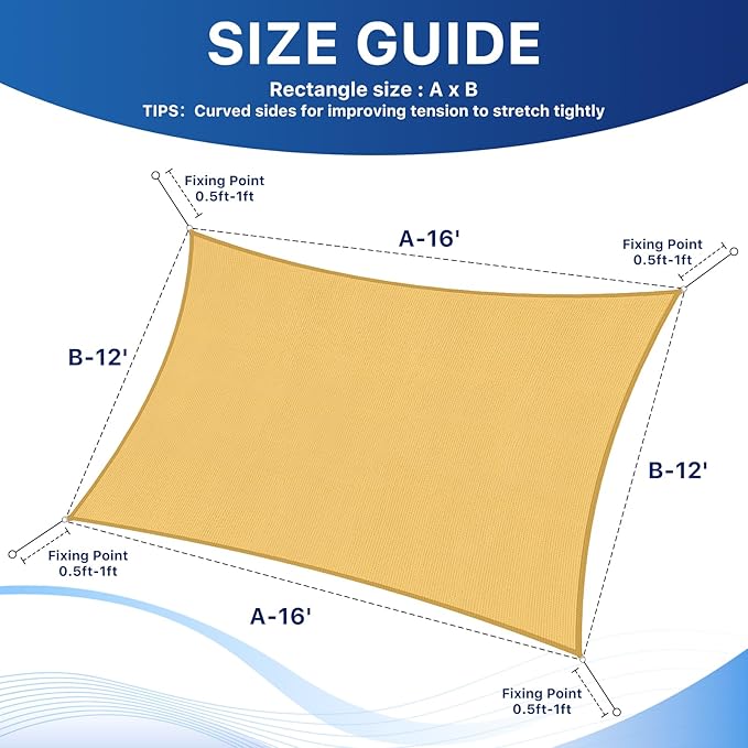 RoomHacks 12'x16' Sun Shade Sail, UV Protection Outdoor Shade, Curved Tear Resistant Heavy Duty Sun Shade for Patio Garden, Backyard, Deck, Car Port, Playground, (Sand)
