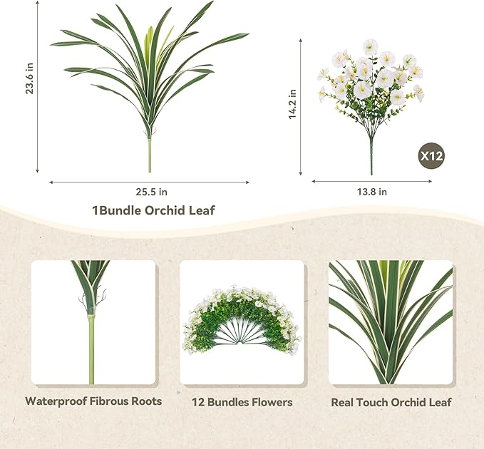 INXUGAO Artificial Flowers for Spring Outdoors Fake Plants Outside, 12 Bundles Silk Morning Glory with Eucalyptus UV Resistant Realistic Faux Flowers for Porch Planter Garden Patio Decor (White)