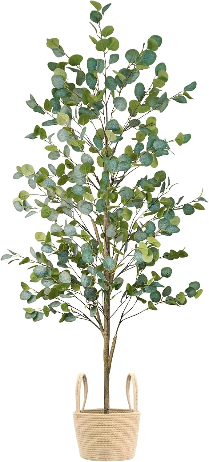Faux Eucalyptus Tree 6FT, Artificial Potted Tree for Indoor Outdoor, Fake Floor Plants with Natural Wood Trunk, Home Office Living Room Bedroom Decor
