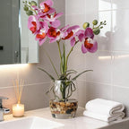Jusdreen Artificial Purple Orchid in Glass Vase, Realistic Phalaenopsis Arrangement with Potting for Home Office Table Decor, 14.5 Inch Flower Centerpiece