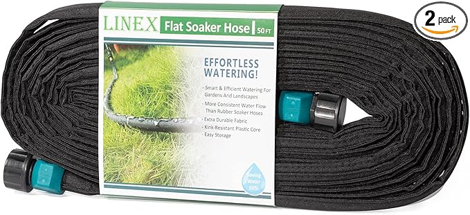 LINEX Flat Soaker Hose 100 ft for Garden Beds, 1/2'' x 50 ft 2 Pack Drip Irrigation Hoses Save Water 80% Heavy Duty for Vegetable